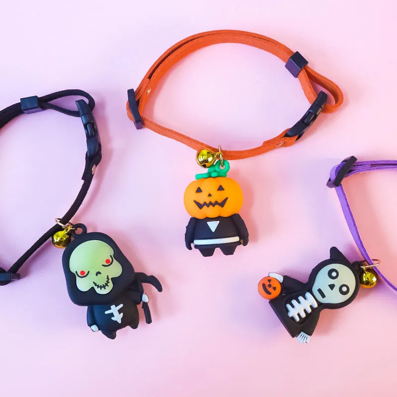 Halloween dog collar with luminous Pumpkin Man design, adjustable polyester strap.