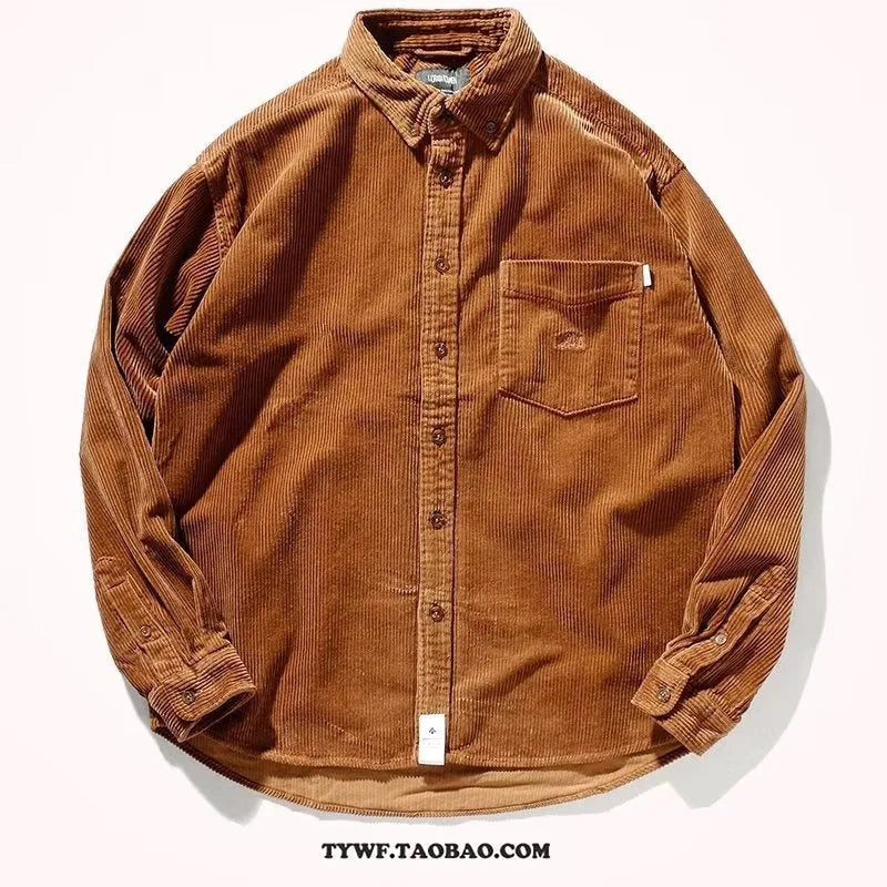 Man wearing a loose caramel corduroy shirt in Japanese Hong Kong style.