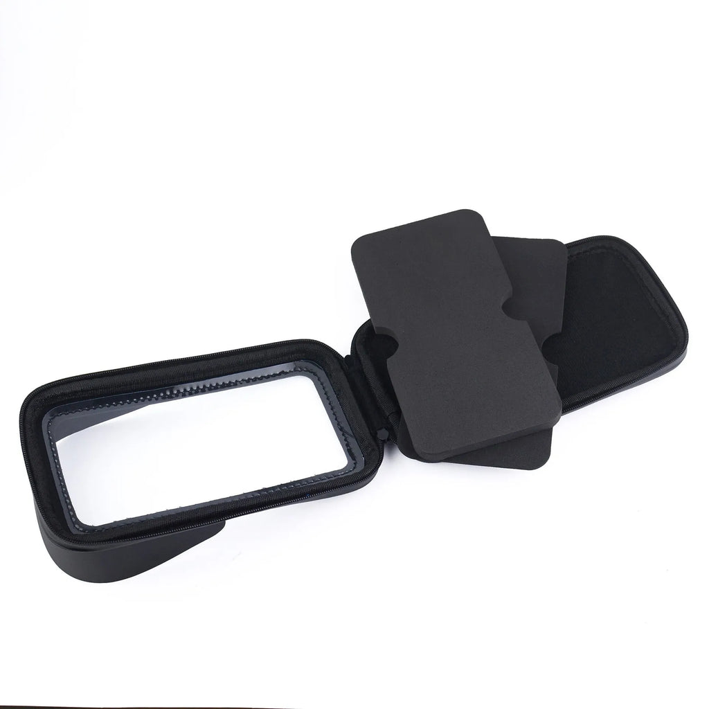 XL waterproof PU leather bicycle phone bag mounted on handlebars, showing sun visor and DFA colour options.