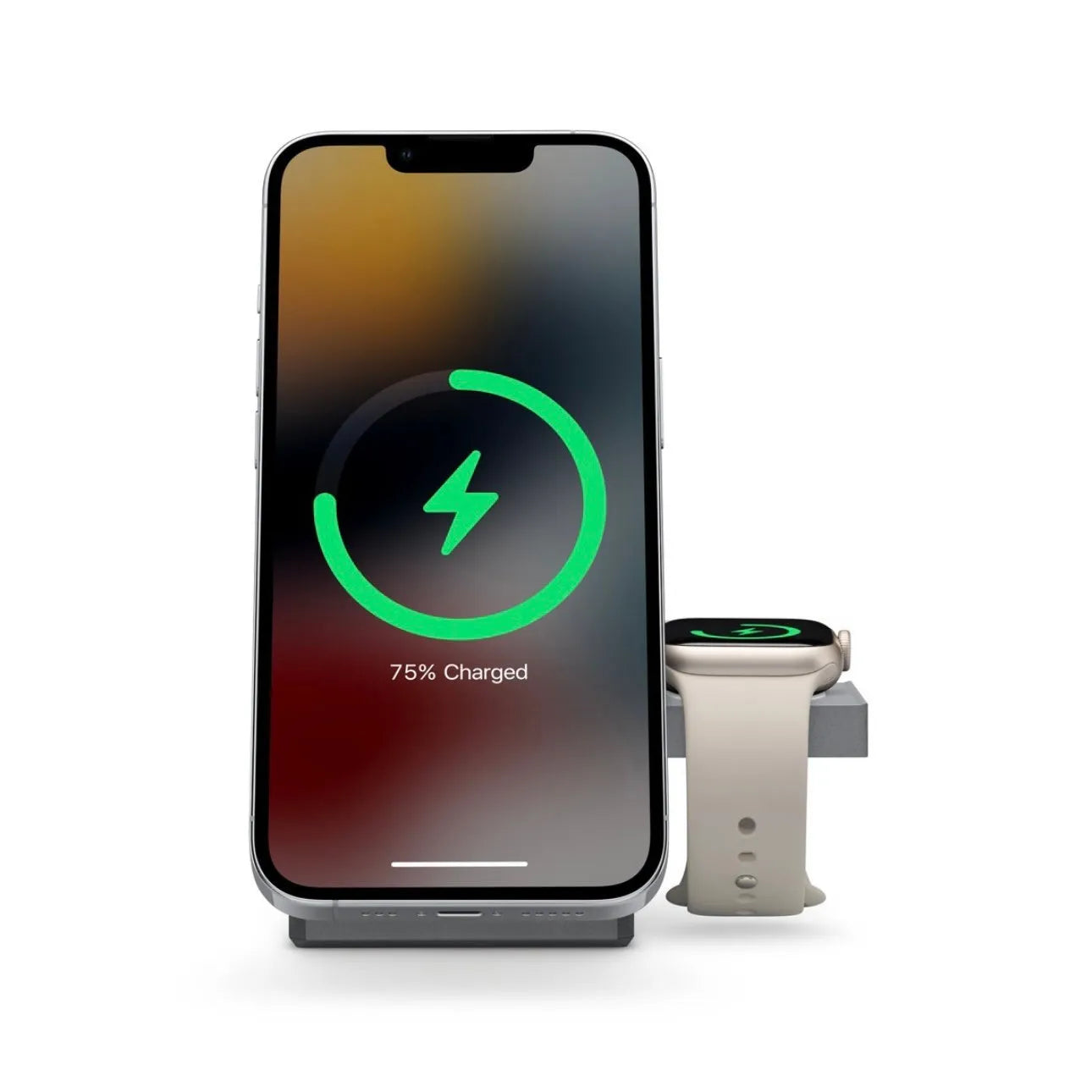 Foldable magnetic wireless charger showing iPhone AirPods and Apple Watch charging simultaneously