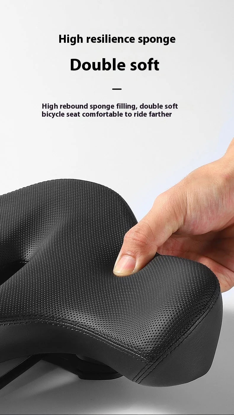 Black thick foam bicycle seat cushion on a mountain bike saddle.