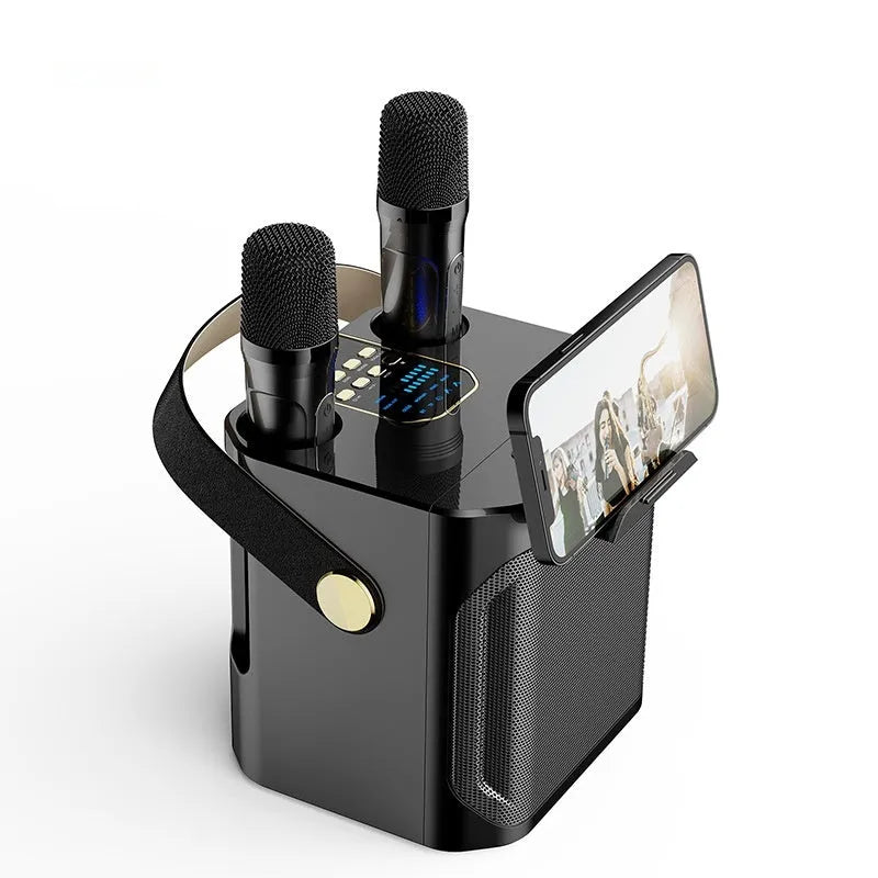 Dual stereo portable karaoke speaker box with two microphones, white or black, 143x168x171mm