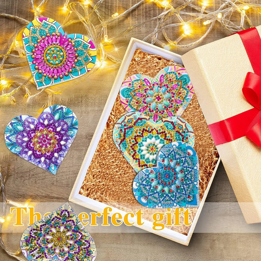 Set of six PU leather bookmarks with handmade crystal flower decorations.