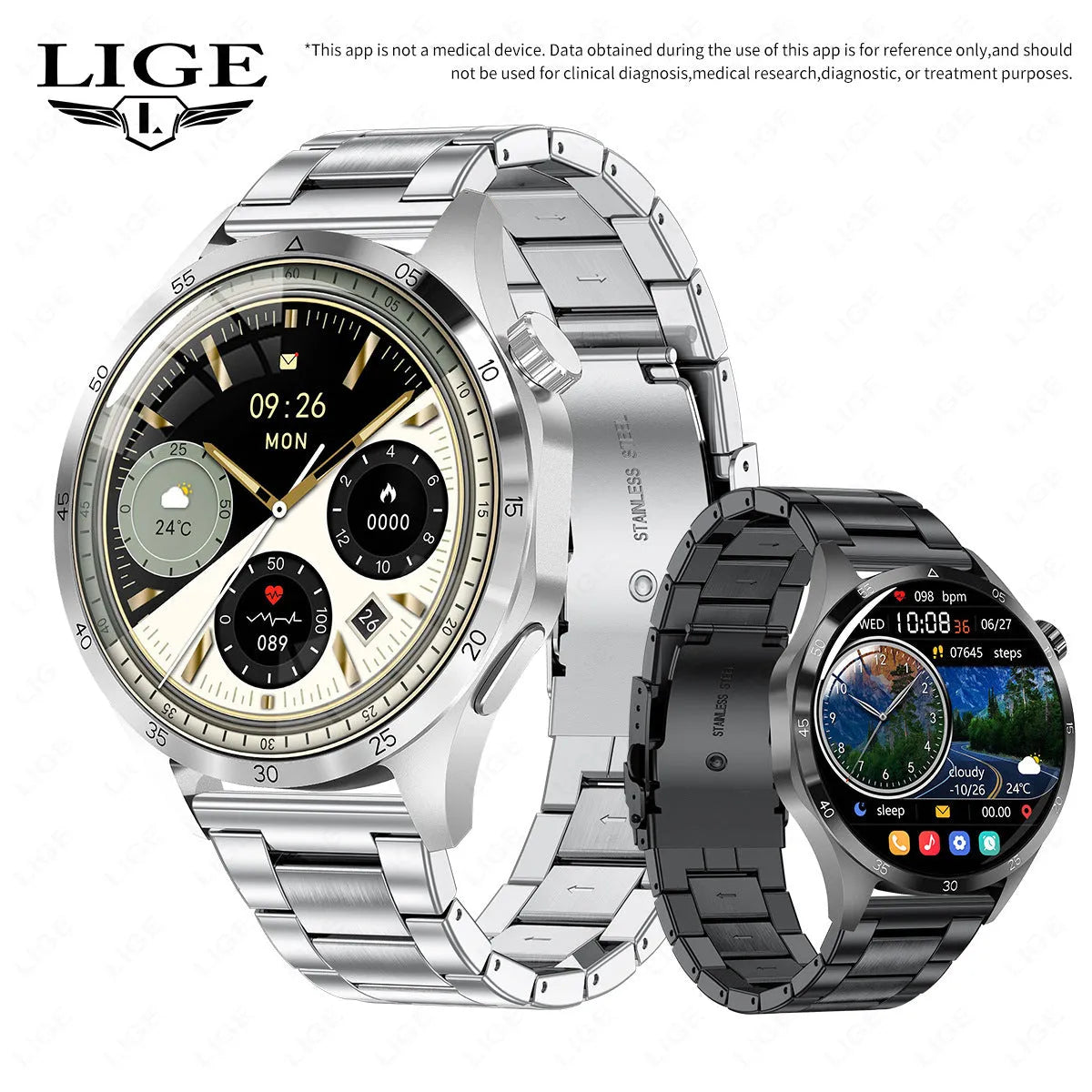 Sport smart watch with Bluetooth calling, waterproof design, TFT screen, 300mAh battery, and black or silver strap options