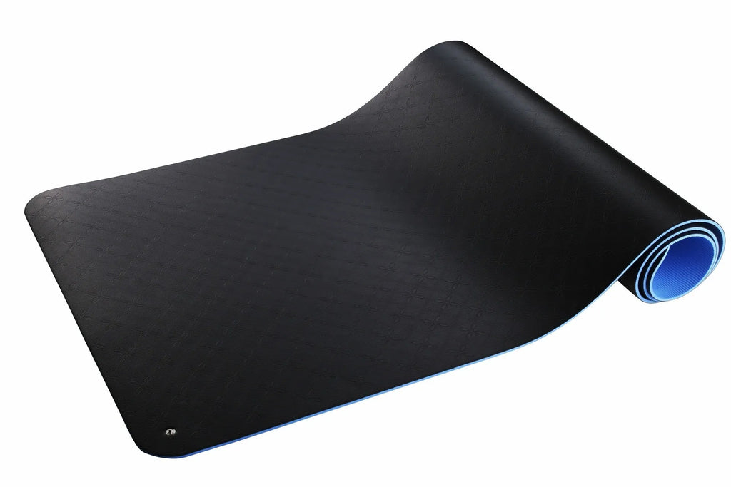 Blue conductive yoga mat with floral pattern, grounding wire, and non-slip surface.