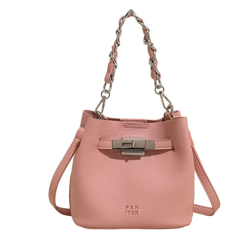 Soft PU leather women's shoulder bucket bag with chain strap and multiple internal pockets