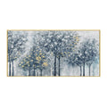 Hand-painted abstract forest tree oil painting on canvas in silver-gray, blue and golden tones, horizontal unframed wall art.