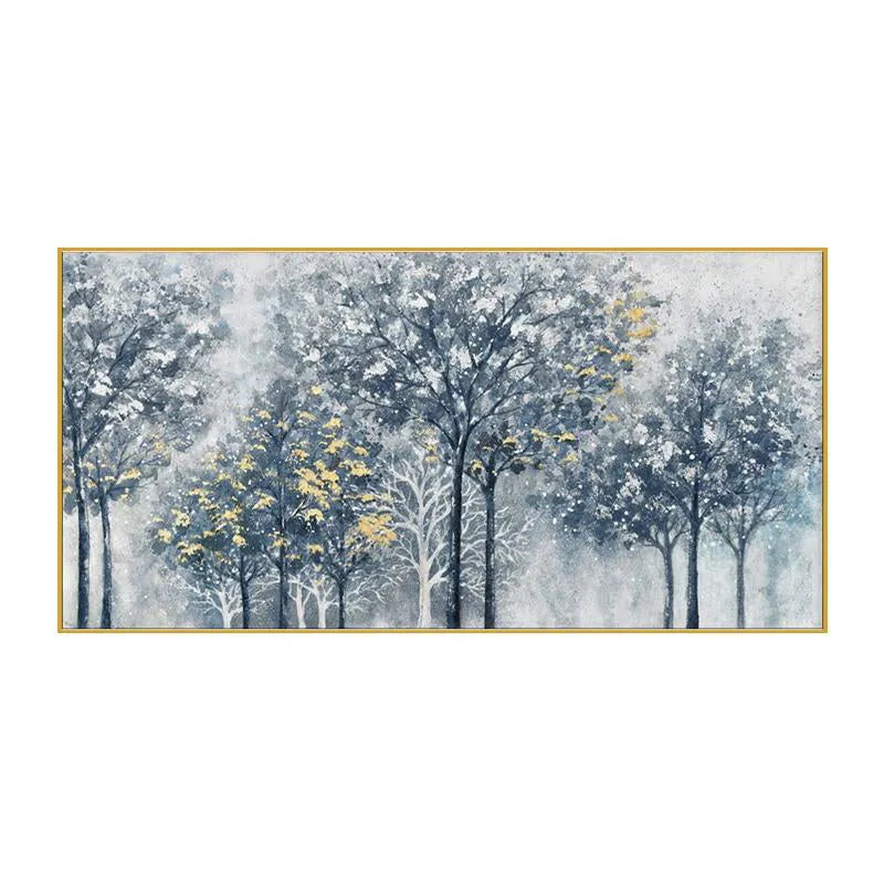 Hand-painted abstract forest tree oil painting on canvas in silver-gray, blue and golden tones, horizontal unframed wall art.