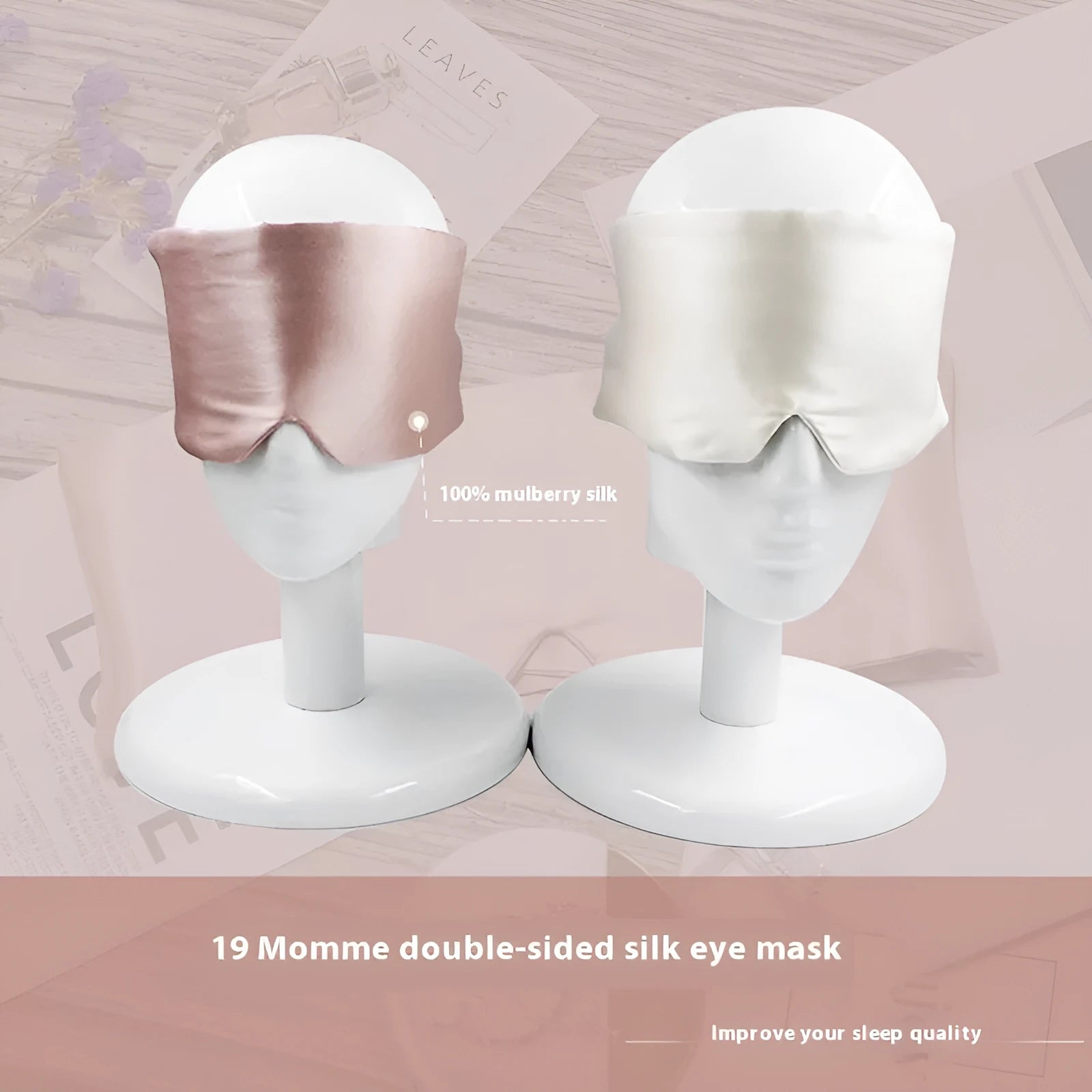 A mulberry silk sleep mask in champagne gold colour, shown lying flat.