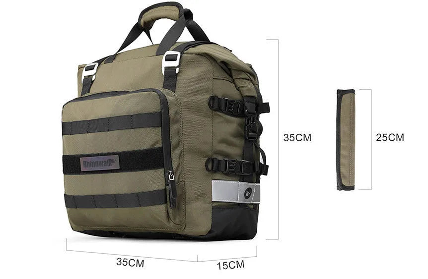 Motorcycle side bag with quick-release buckles shown in black and army green colours