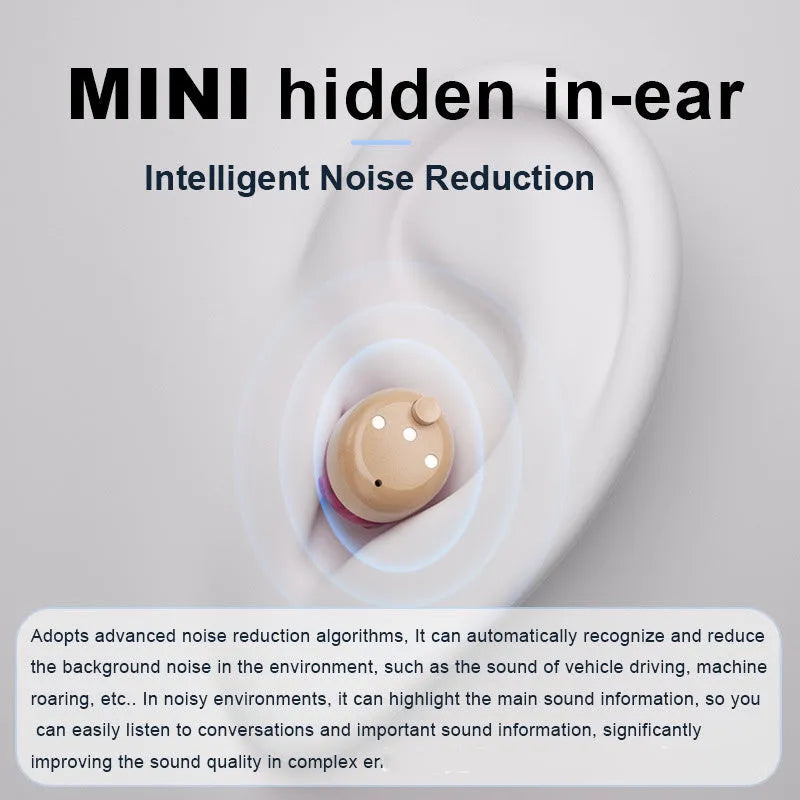 Red blue rechargeable hearing aid with digital display, over ear design, USB charging, 12+ hour battery