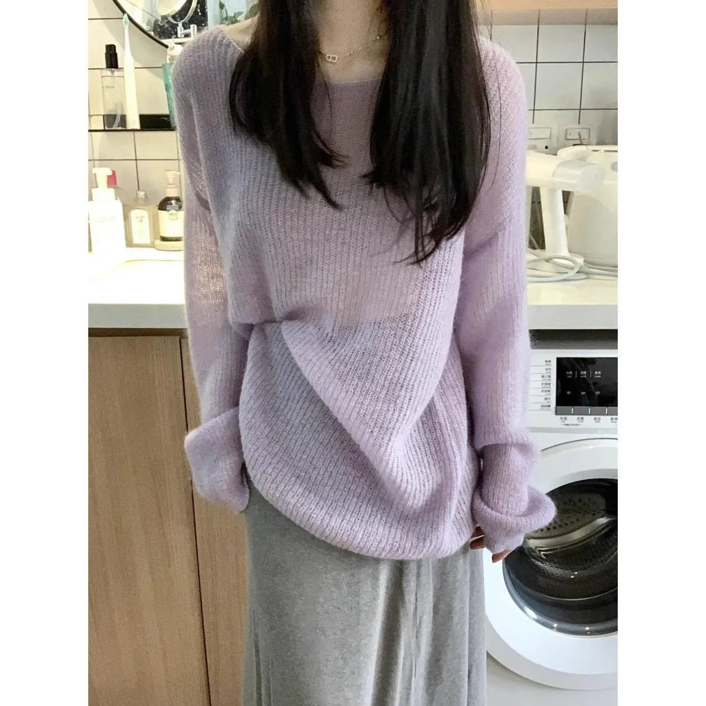 Women's purple ice silk blouse with sleeveless shoulder straps and hollow out design.