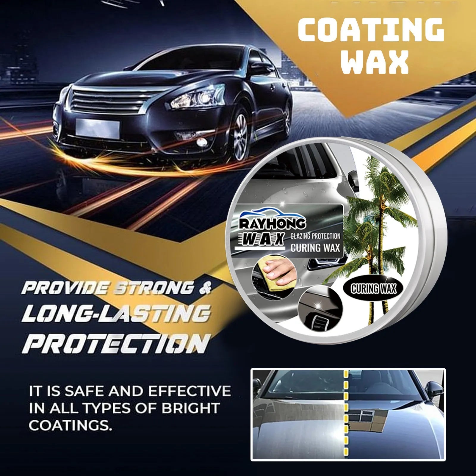 Car coating wax block and sponge applicator for paint protection and cleaning.