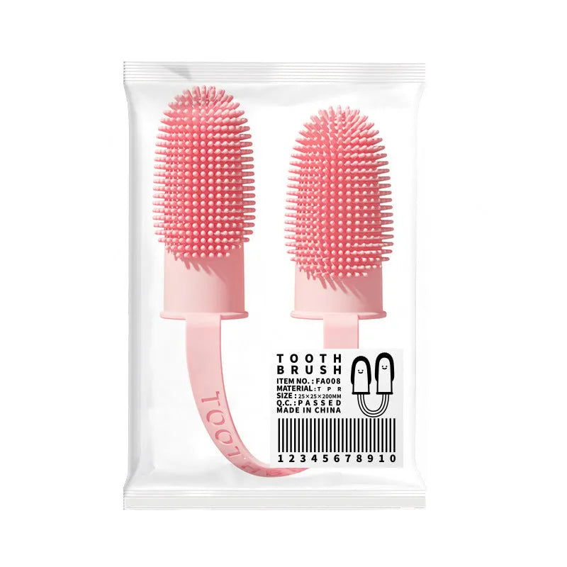 TPR double finger dog toothbrush set in pink, blue green and grass yellow colours for canine dental care