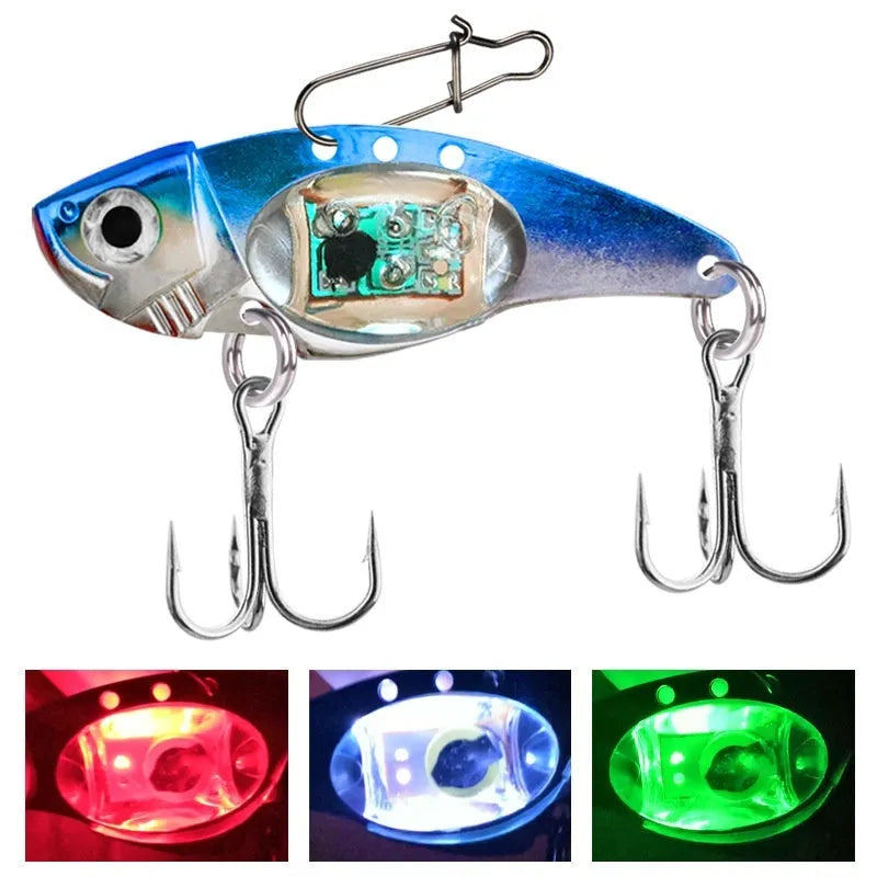 Metal Vib electronic fishing lure with luminous body in blue and red colour options