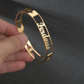 Customized name bracelet in stainless steel with silver, gold, or rose gold finish and 3mm, 6mm, or 10mm size options.
