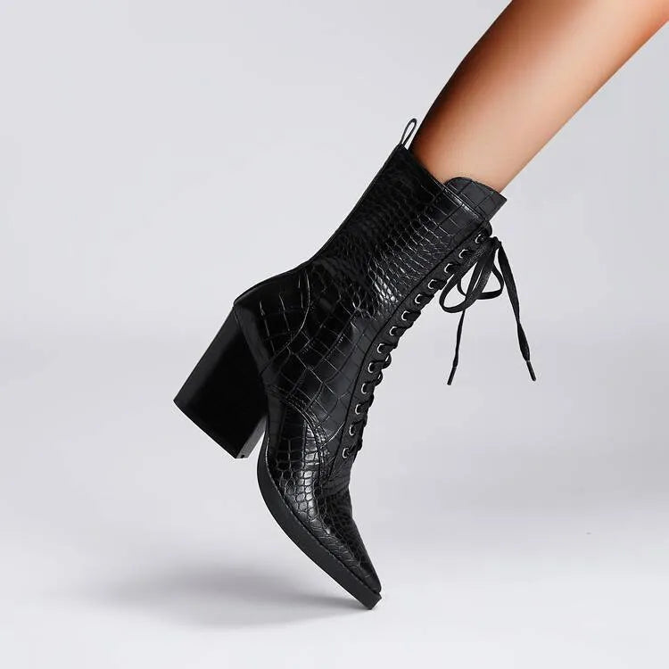 Women's dark brown retro pointed toe ankle boots with a chunky heel and side zip.