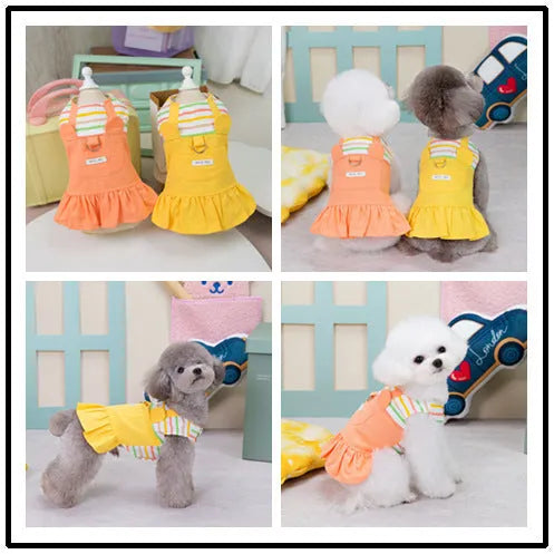 Orange and yellow striped patchwork cotton skirt for dogs on a mannequin