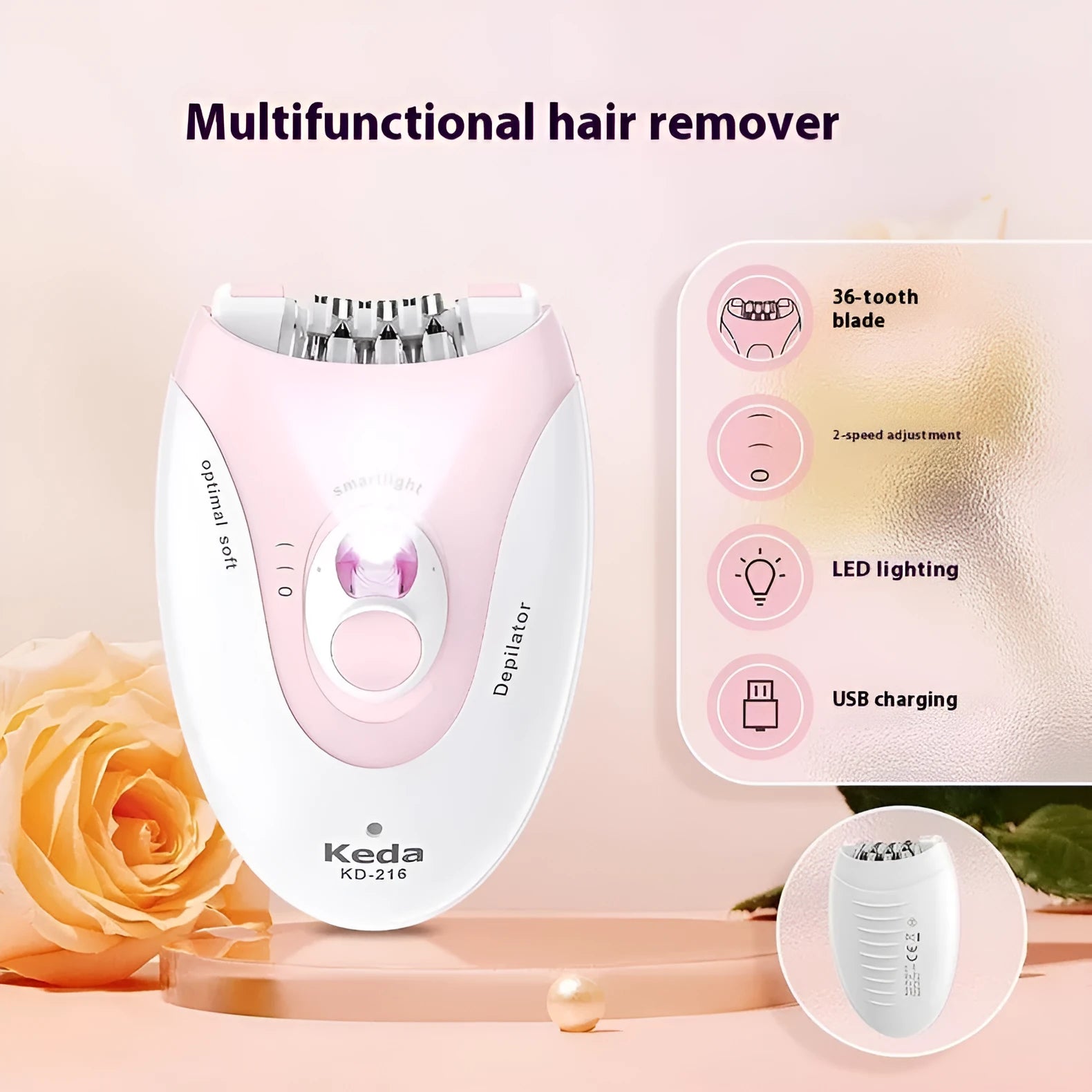 Portable USB hair removal epilator device in KEDA-216 colour with brush cleaning accessory