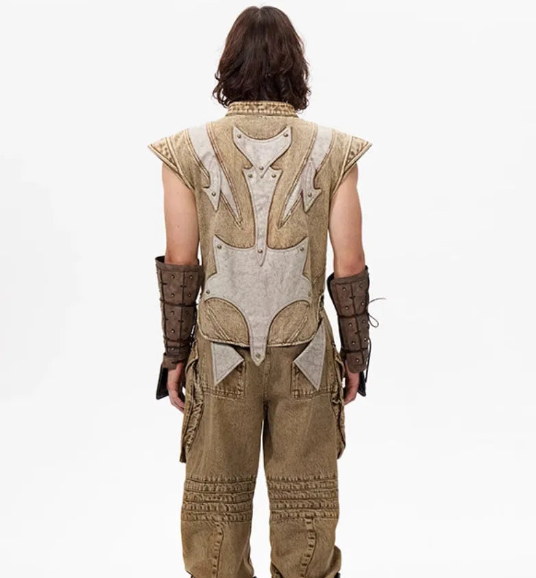 Men's picture colour cotton denim pleated vest in a refined Korean style, shown on a hanger.