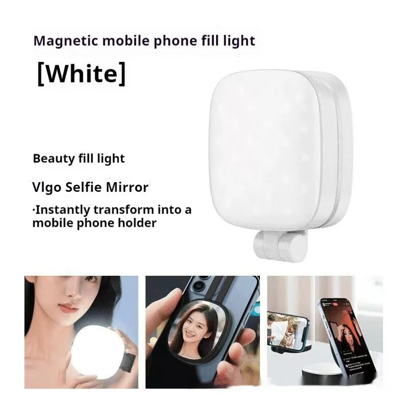 Black and white mobile phone magnetic selfie fill light with makeup mirror showing three colour temperature settings