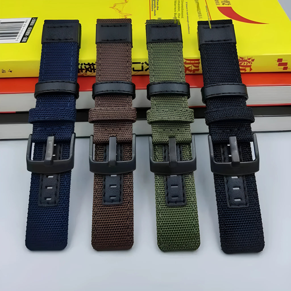 Oxford cloth canvas watch strap shown in Army Green colour, demonstrating its textured fabric and buckle.