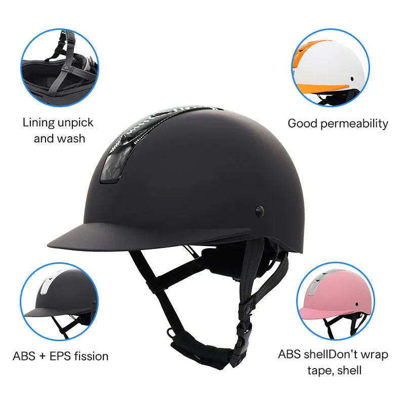 Lightweight equestrian riding helmet in silver black colour with ABS EPS construction