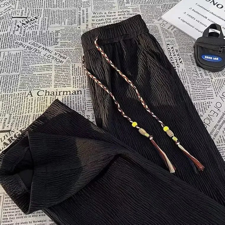 Korean-style men's loose straight-leg trousers with drooping texture in black or white for summer casual wear