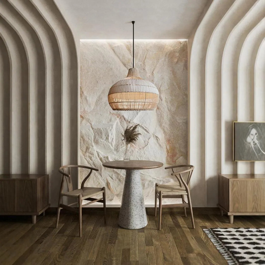 Rattan woven chandelier with a 60cm diameter in a Silent Wind style design.
