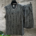 Men's black polyester vest suit set with sleeveless top and matching trousers for smart casual wear