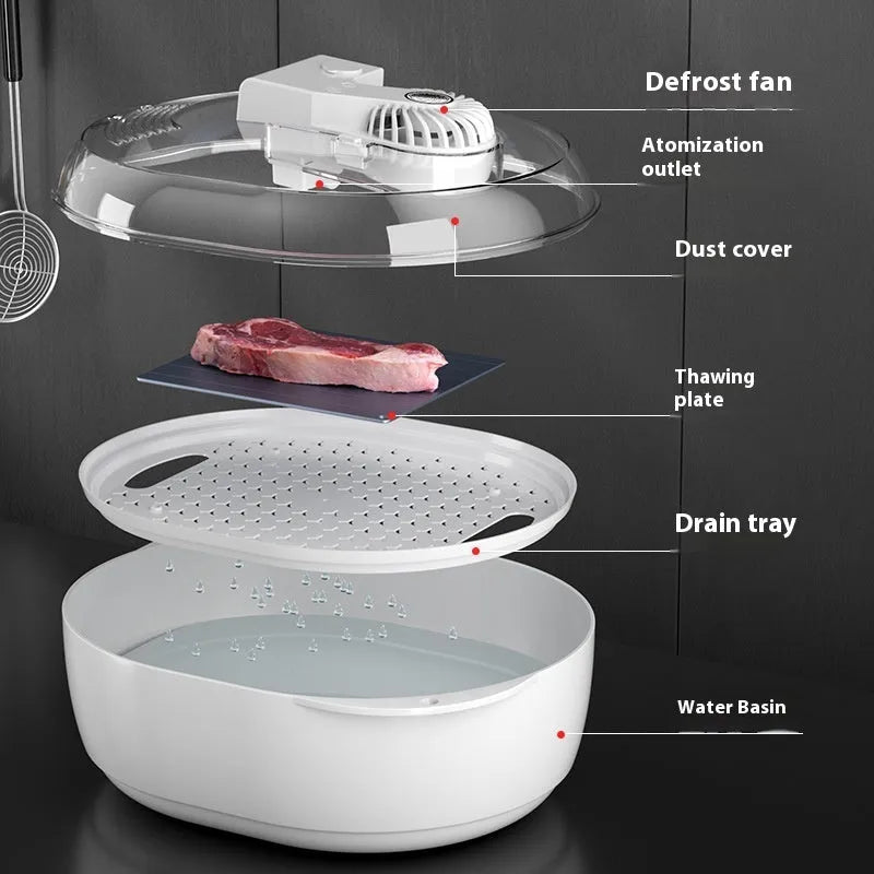 Aluminium food defrosting plate on a kitchen countertop, shown with a USB cable