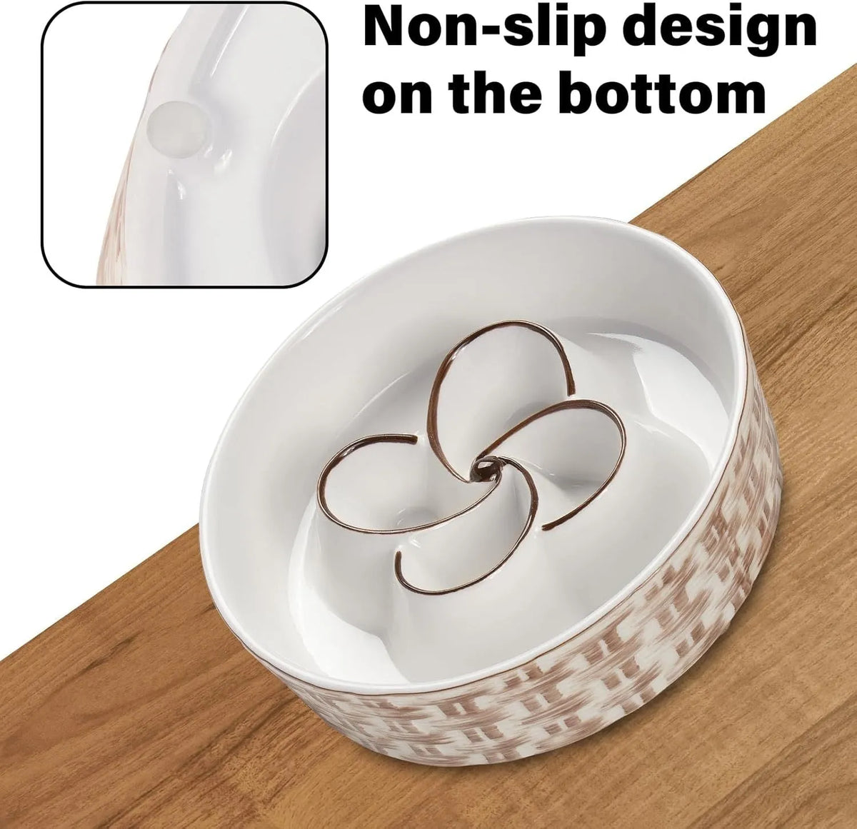 Ceramic slow feeder dog bowl with raised ridges in blue colour on a floor