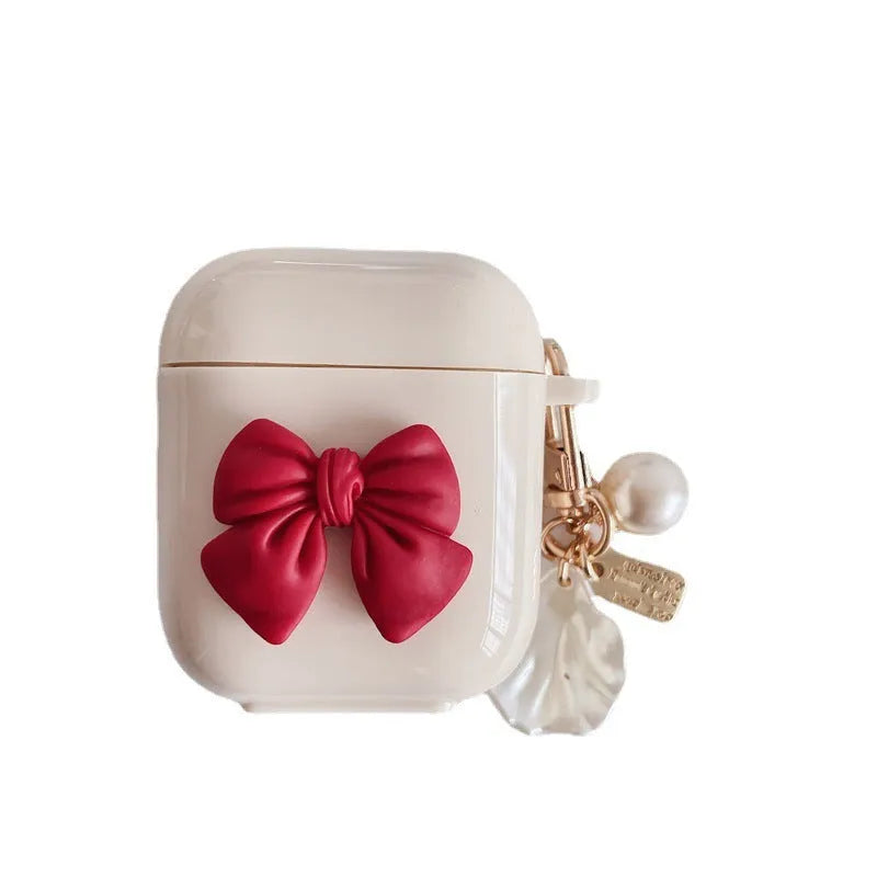 Beige red bow shell TPU clamshell case for AirPods Pro, AirPods 3, AirPods 1 and AirPods 2 wireless earphones