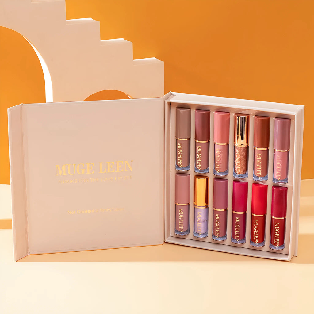 Matte shimmer lip glaze 12-piece set with non-stick cup formula showing twelve coordinated lipstick shades