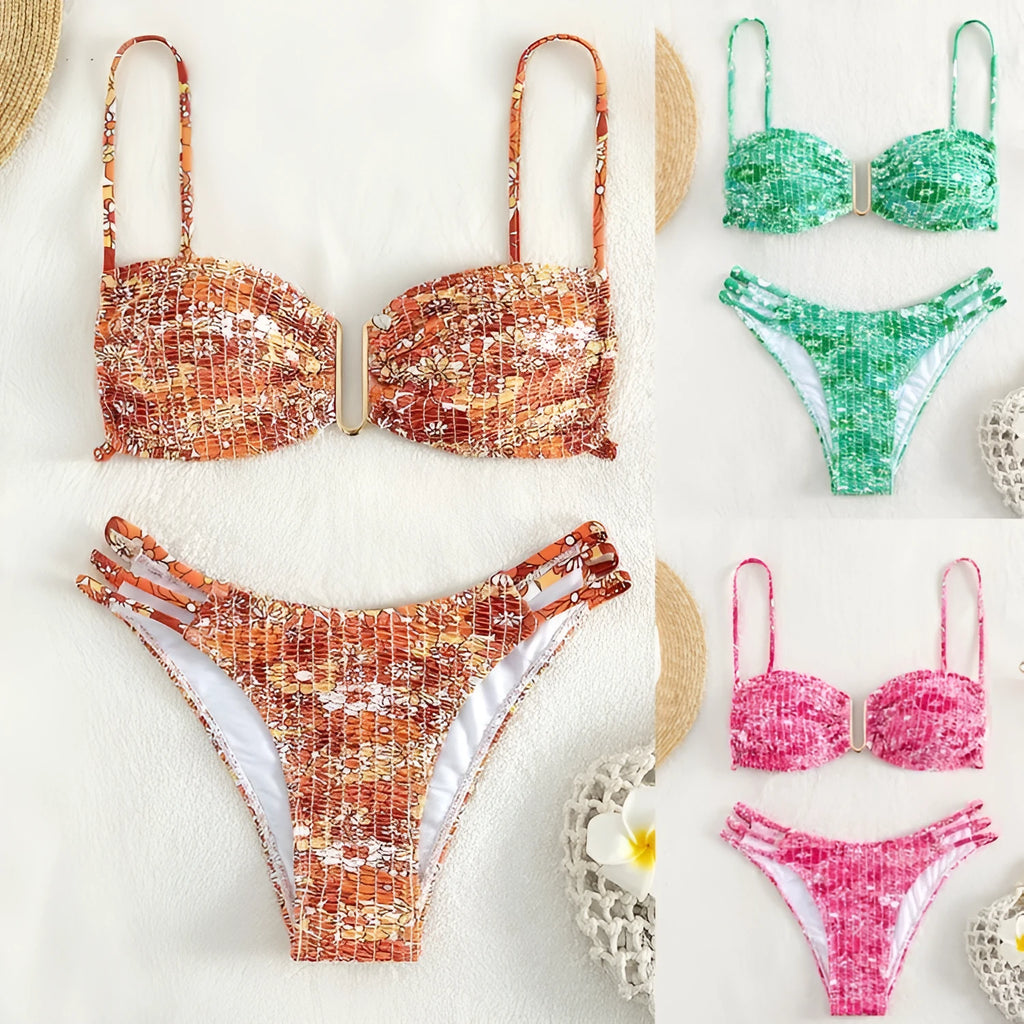 Women's high-waisted floral bikini swimsuit set in a solid colour with a briefs design.