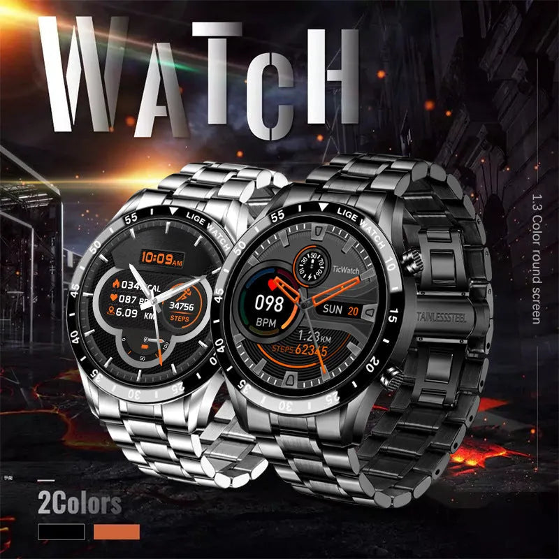 Smart watch with 1.3 inch touch screen, stainless steel wristband, 46mm dial, black or silver, with USB cable