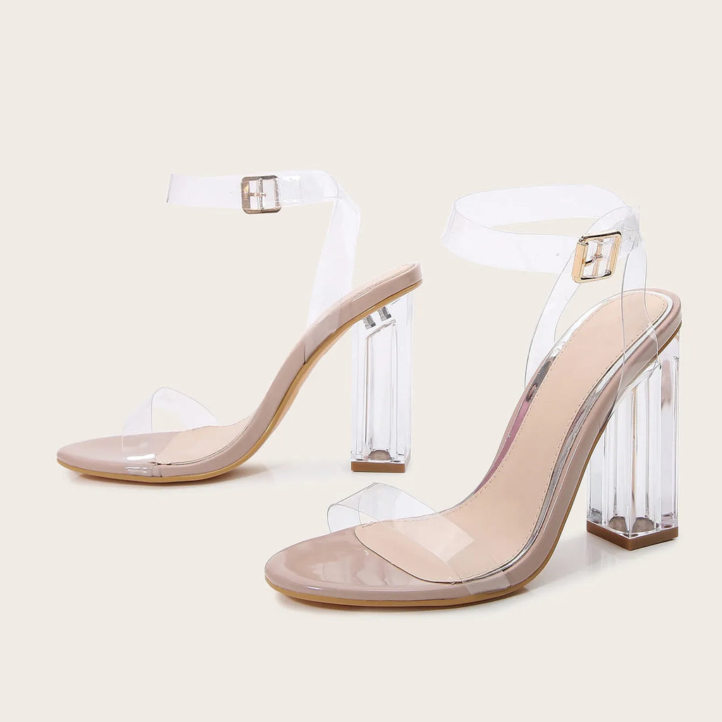 Apricot women's glass heel high heel sandals with buckle fastening and round toe