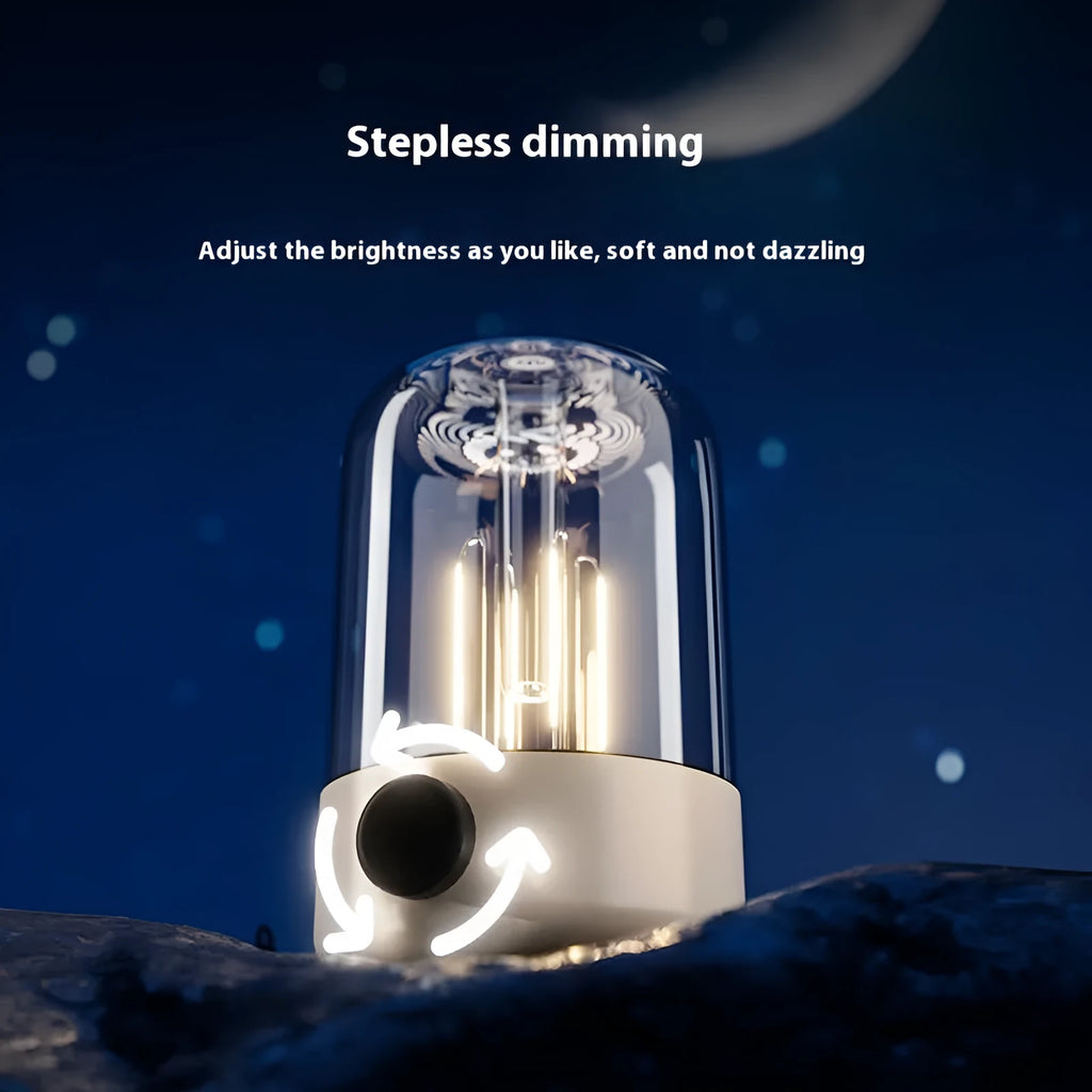 Beige and black camping ambience light with USB port, knob control, and dual lamp beads measuring 140x95mm