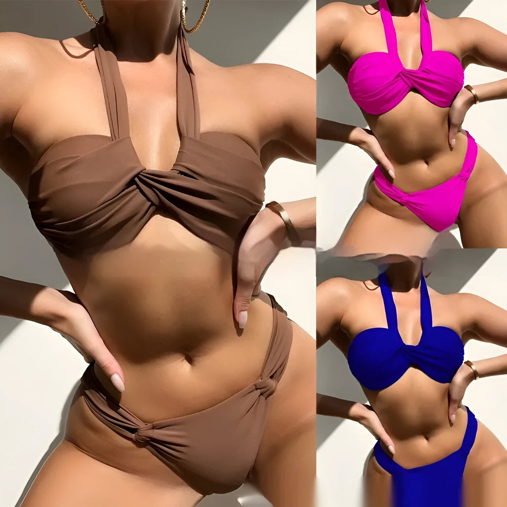 Solid colour bikini swimsuit for women with brief-style bottoms in black nylon fabric with polyester spandex lining