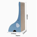 Vertical cat scratch board toy made of corrugated paper in giraffe, elephant, and baby crocodile colours for indoor cats.