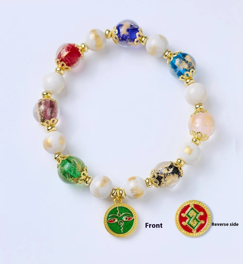 Handmade coloured glaze bracelet with 10mm glass beads showing gods of wealth motifs in national style design
