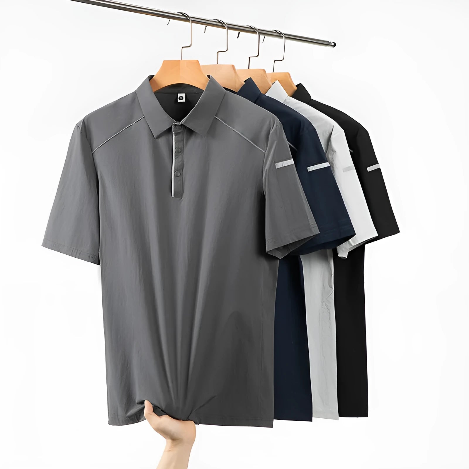 Men's chemical fibre blend polo shirt short sleeve in classic black colour with slit design detail
