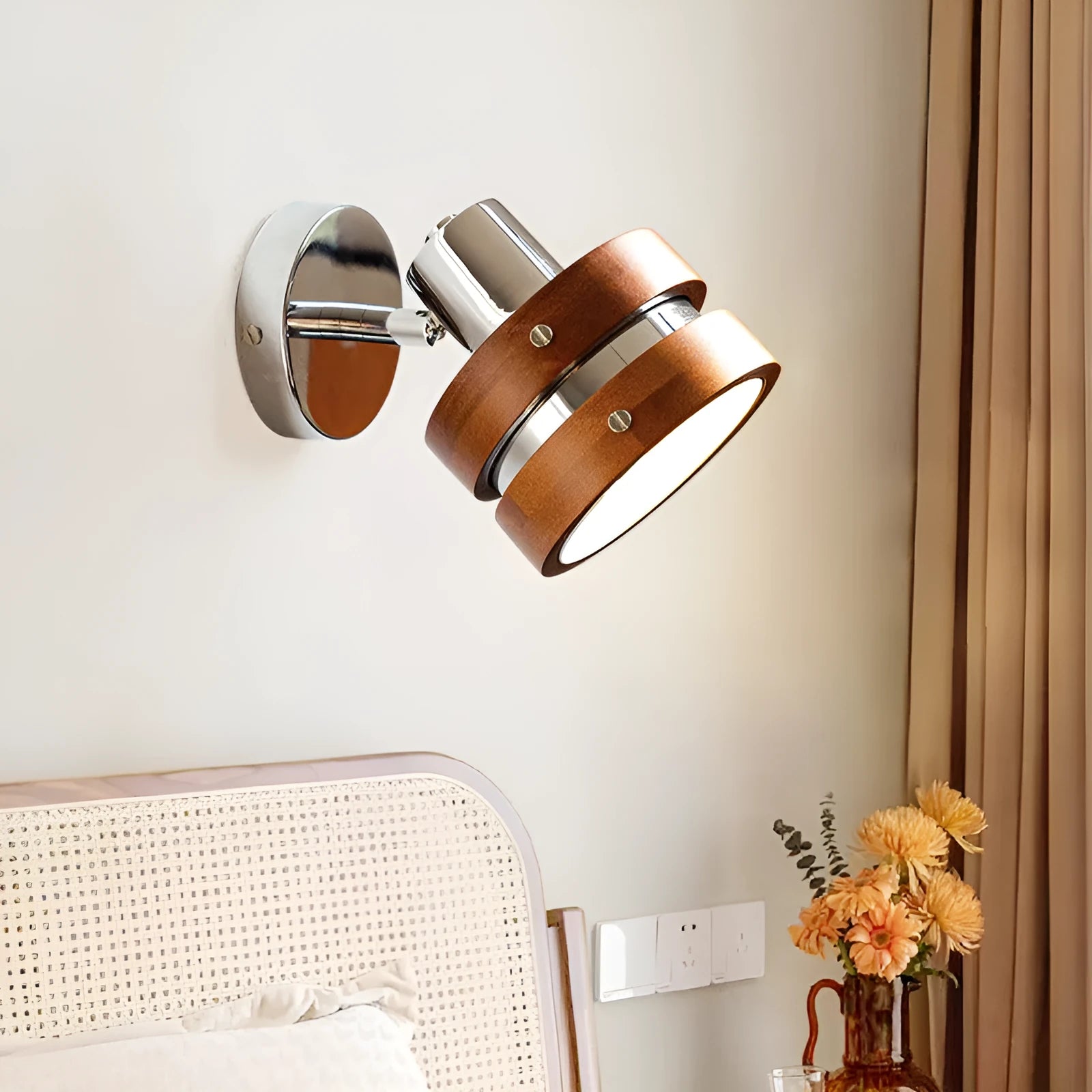 Nordic style walnut coloured indoor wall lamp for bedroom or hallway.