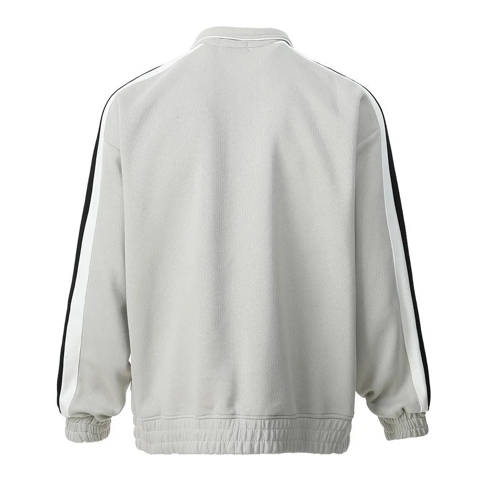 Men's contrast colour cardigan sweater with stand collar and long sleeves, shown in grey, wine red, green, and blue
