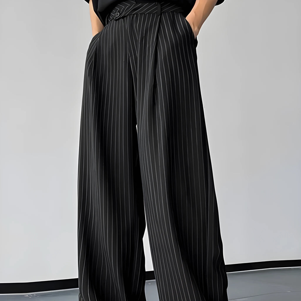 Black men's casual trousers with vertical striped pleats and an elasticated waistband