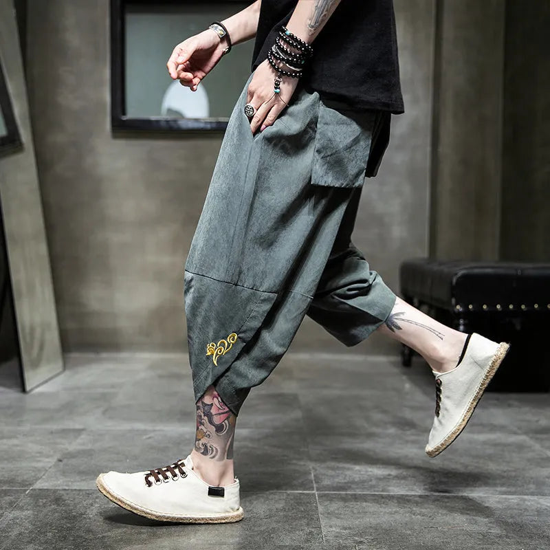 Ice silk harem casual pants for women, loose cropped style, black polyester fibre