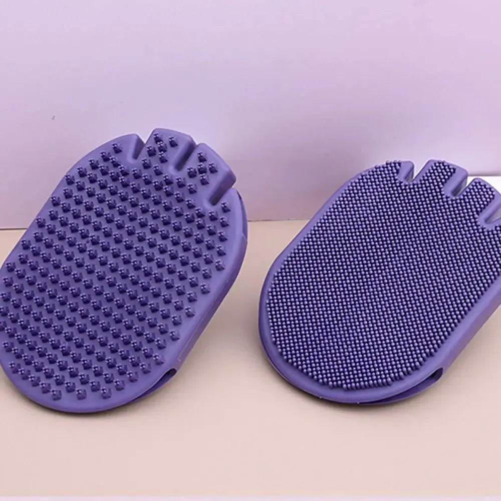 Purple TPR pet shampoo brush with ergonomic handle and soft bristles for dog and cat grooming