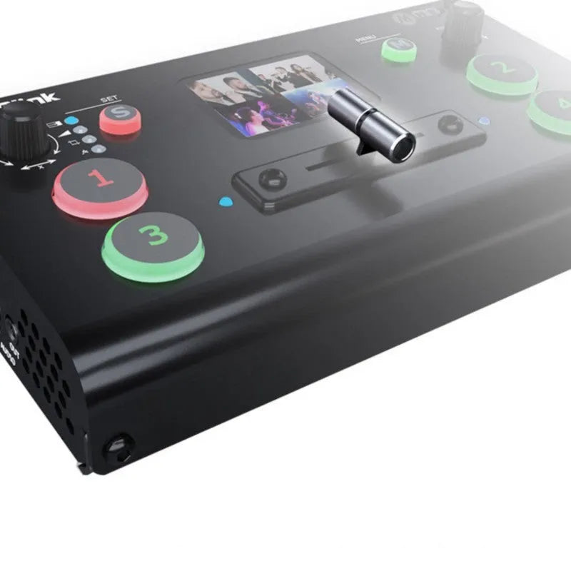RGBLINK HDMI multi-format switcher unit with 4 inputs, TFT screen, and integrated controls on a desktop.