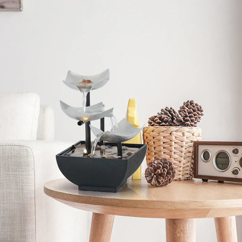 Handmade modern minimalist desktop flowing water fountain ornament in JR001 colour with alloy and plastic construction.