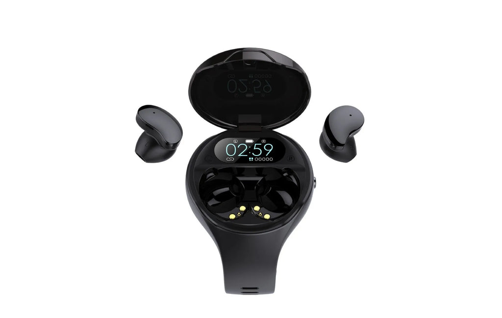 Black smart bracelet with detachable TWS Bluetooth earphones showing colour screen display